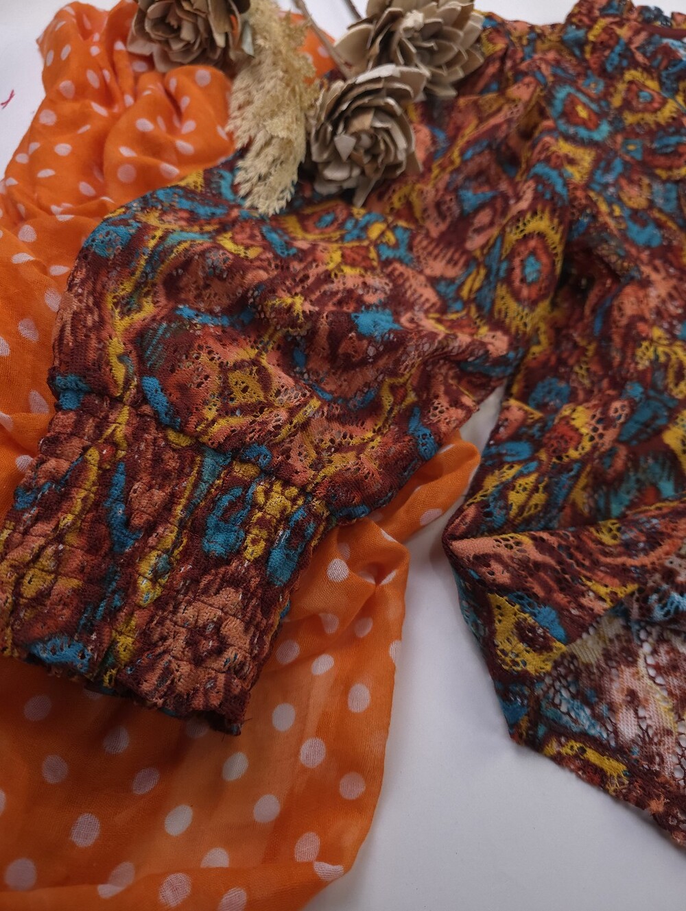 Cato Boho Printed Sheer Blouse in Rust Multicolor Sz L - Picture 6 of 11